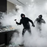 Un cambrioleur avec une masse totalement désorienté par la fumée opaque d'un générateur de brouillard de sécurité au milieu des vitrines brisées d'une bijouterie de luxe.