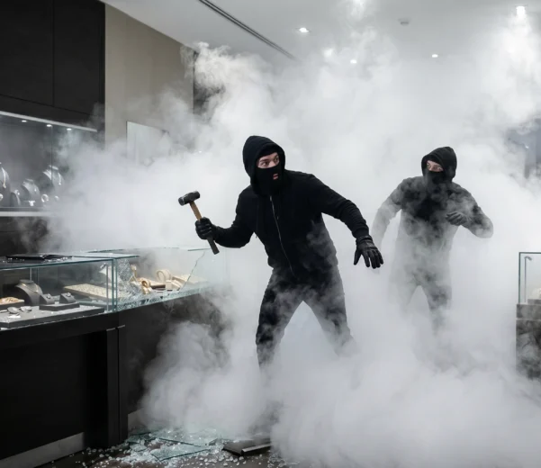 Un cambrioleur avec une masse totalement désorienté par la fumée opaque d'un générateur de brouillard de sécurité au milieu des vitrines brisées d'une bijouterie de luxe.