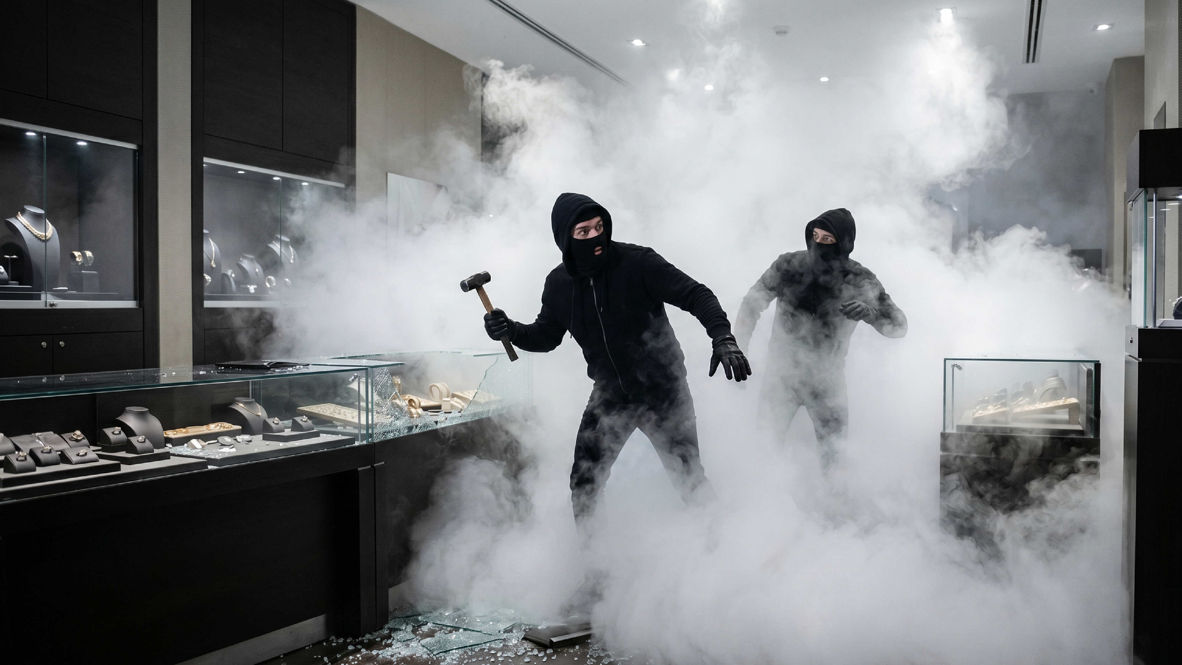 Un cambrioleur avec une masse totalement désorienté par la fumée opaque d'un générateur de brouillard de sécurité au milieu des vitrines brisées d'une bijouterie de luxe.