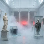 Brouillard de sécurité opaque Density diffusé dans une galerie de musée d'art après le bris d'une vitrine, protégeant les tableaux et sculptures sans laisser de résidus.