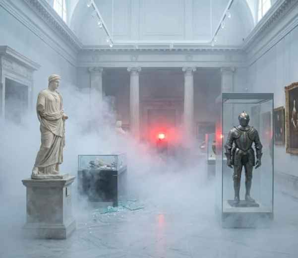 Brouillard de sécurité opaque Density diffusé dans une galerie de musée d'art après le bris d'une vitrine, protégeant les tableaux et sculptures sans laisser de résidus.