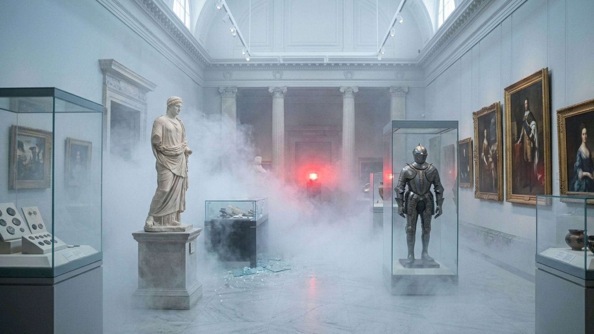 Brouillard de sécurité opaque Density diffusé dans une galerie de musée d'art après le bris d'une vitrine, protégeant les tableaux et sculptures sans laisser de résidus.