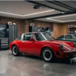 To veteranbiler, en blå Jaguar og en orange Porsche, der står parkeret i en eksklusiv privat garage udstyret med en hvid sikkerhedsboks, der er fastgjort til væggen.