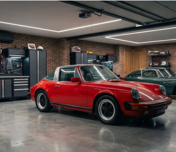Deux voitures de collection, une Jaguar bleue et une Porsche orange, stationnées dans un garage privé haut de gamme équipé d'un boîtier de sécurité blanc fixé au mur.