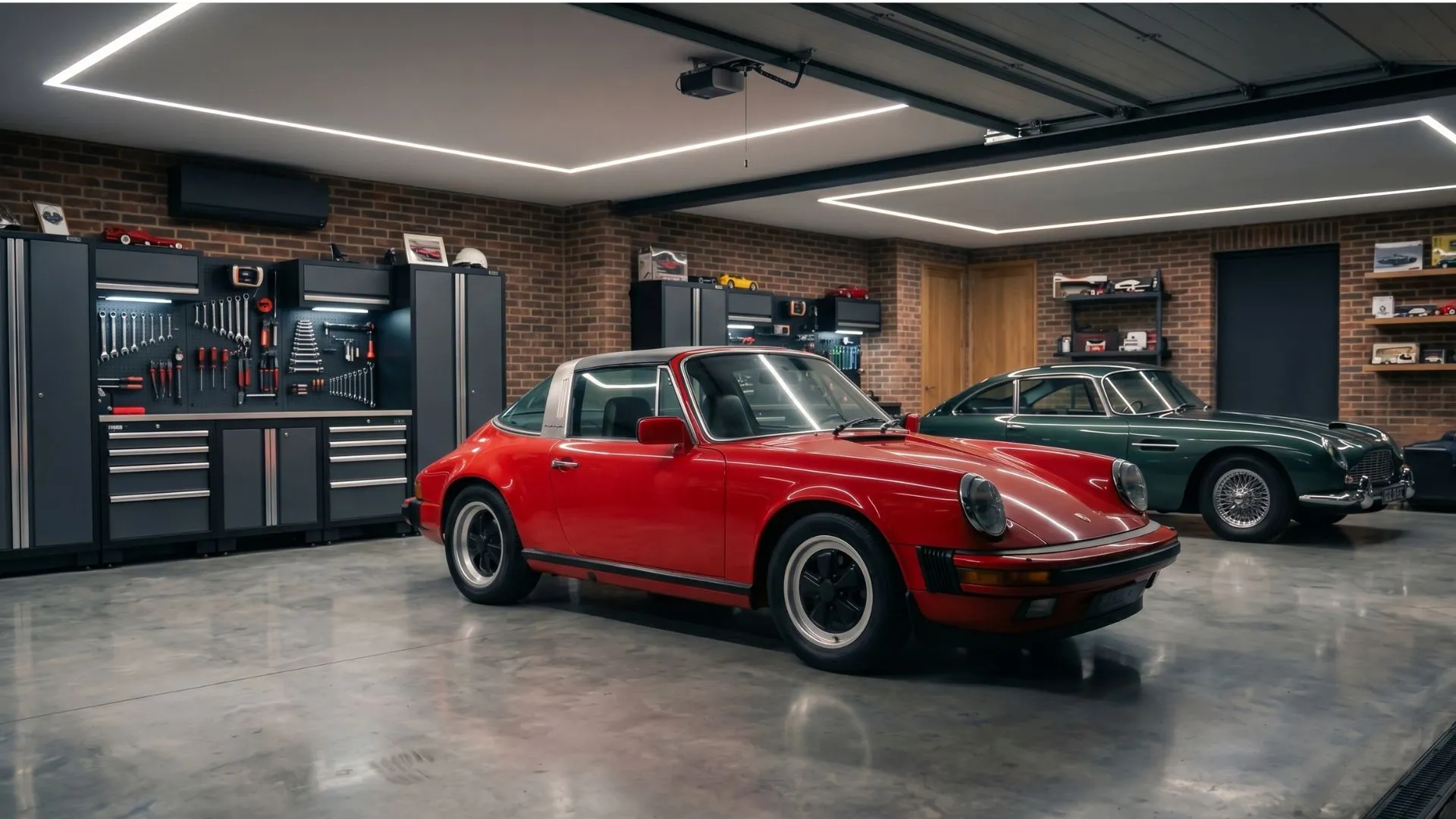 Deux voitures de collection, une Jaguar bleue et une Porsche orange, stationnées dans un garage privé haut de gamme équipé d'un boîtier de sécurité blanc fixé au mur.